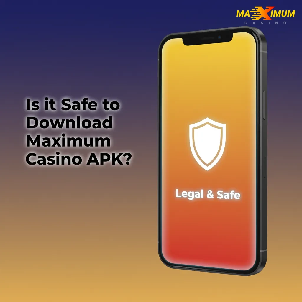 Phone showing Maximum Casino app with padlock and SSL shield, licensed and secure; install only from official site.