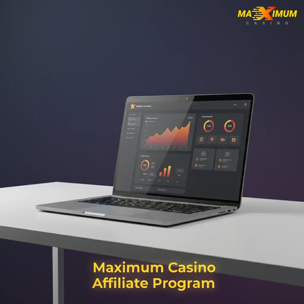 Promo banner for Maximum Casino Affiliate Program highlighting revenue share/CPA, real-time tracking, support, and assets.