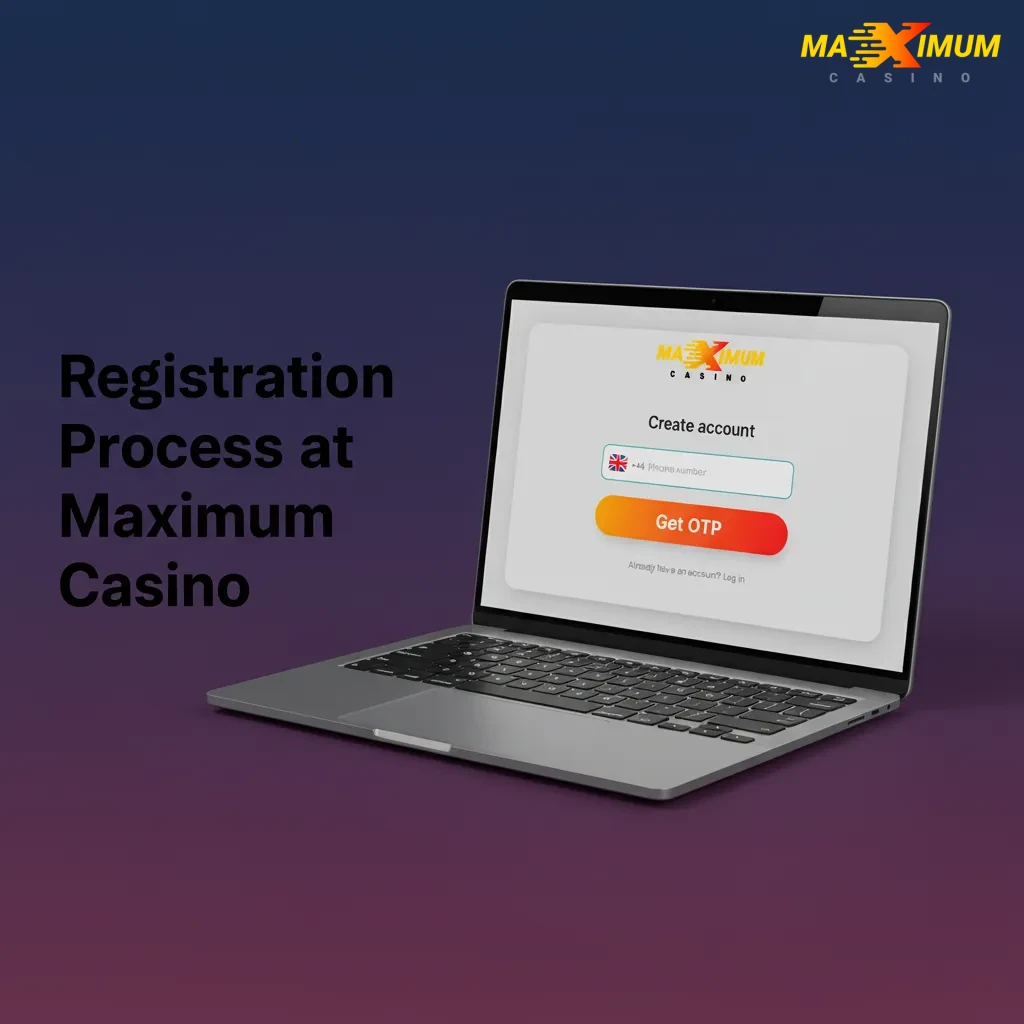 Maximum Casino sign-up screen: enter info, email/SMS verify, set limits, choose GBP, deposit via cards, ewallets, USDT ERC20.
