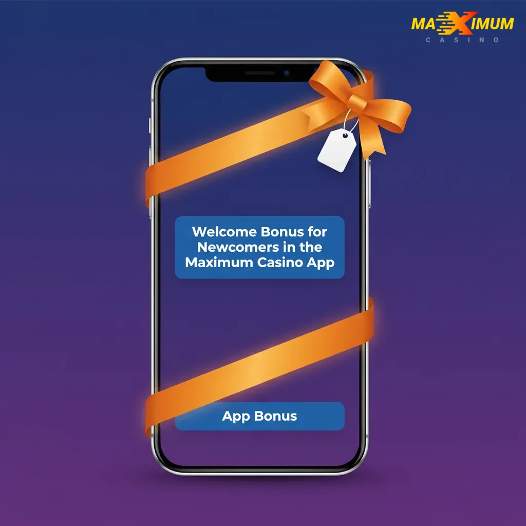 Welcome bonus screen in Maximum Casino app: choose Sports 100% match or Casino 200% + tiered boosts during registration.